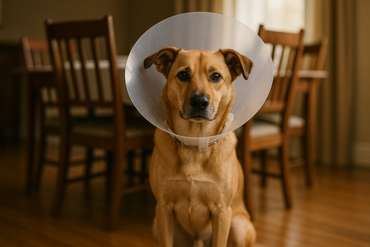 chien portant une collerette dans une salle à manger