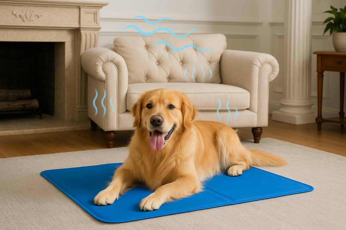 chien de couleur claire sur un tapis de couleur bleu rafraichissant 