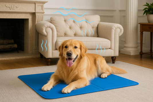 chien de couleur claire sur un tapis de couleur bleu rafraichissant 