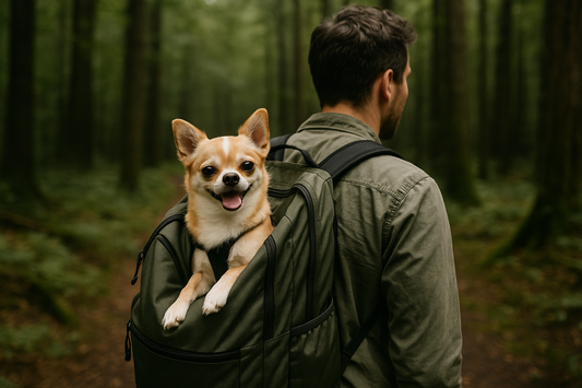 chien dans un sac de transport dans une forêt dans le dos d'un homme