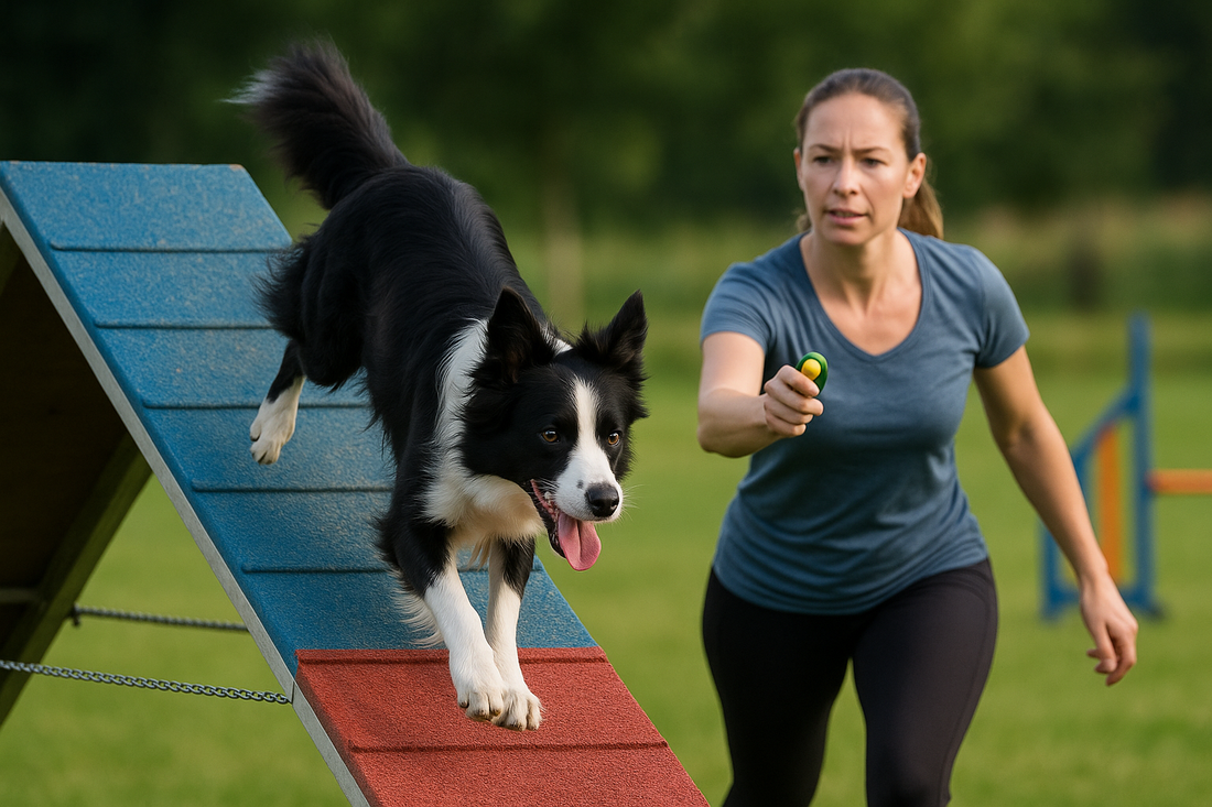 chien noir et blanc faisant de l'agilité