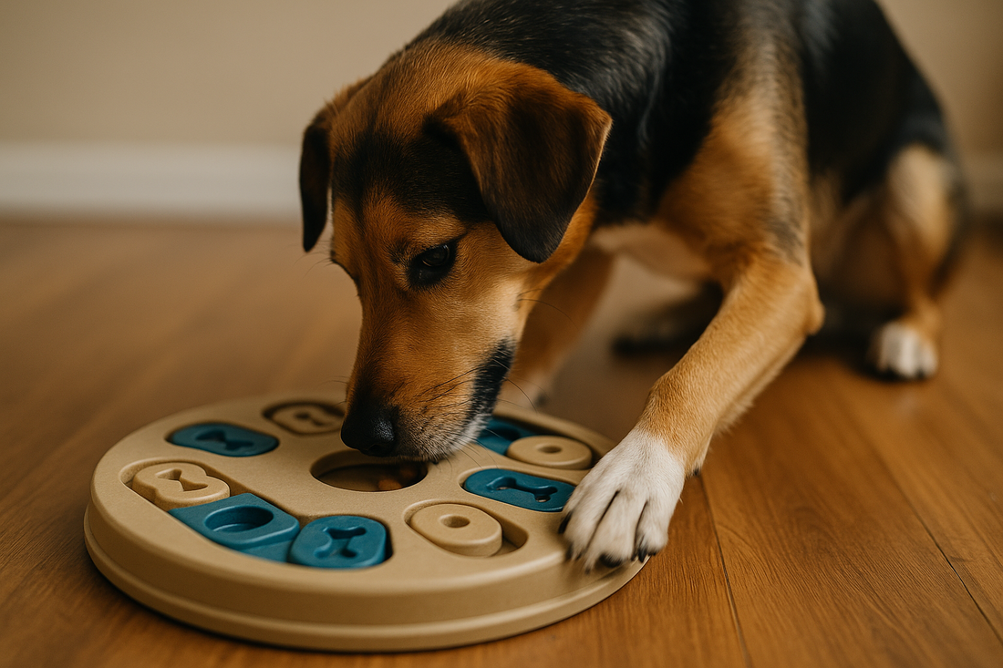chien jouant avec un puzzle circulaire de couleur beige sur un parquet bois