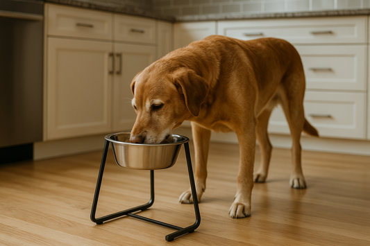 grand chien de couleur claire mangeant dans une gamelle surélevée