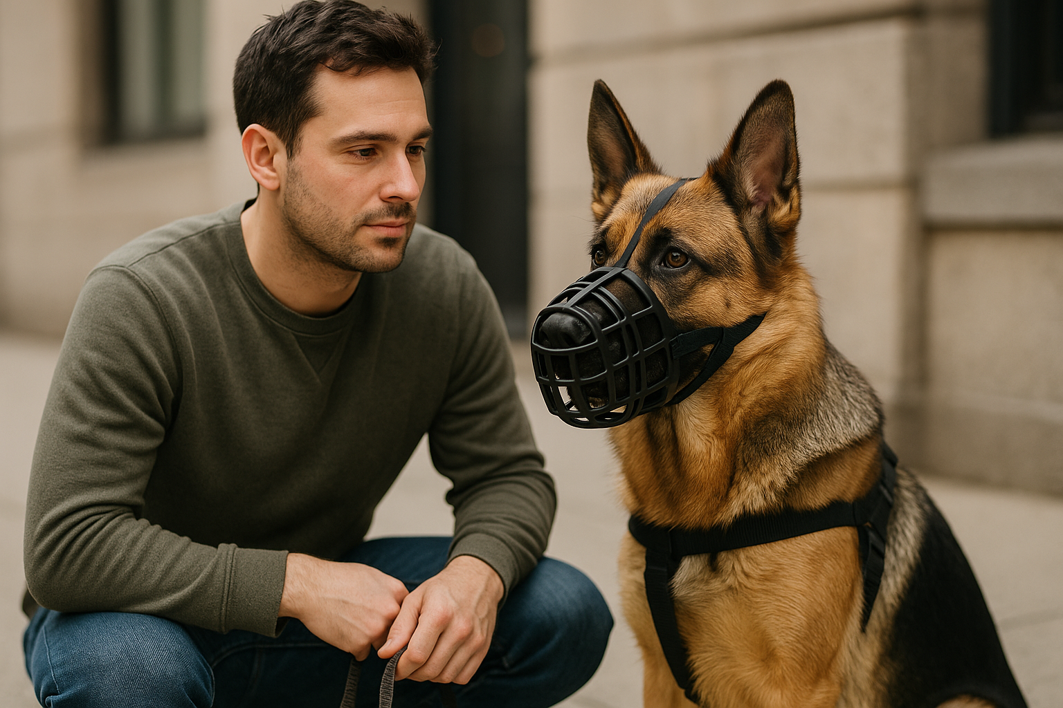 chien brun portant une muselière noir dans la rue Image