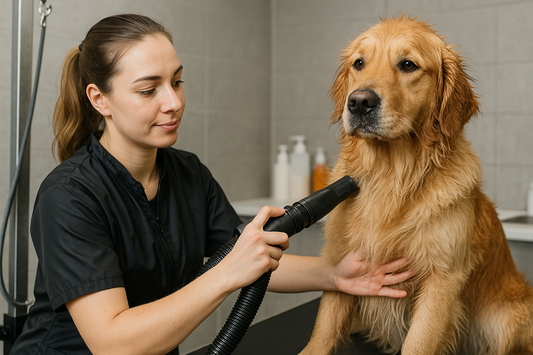 chien brun se faisant sécher par un pulseur par une femme habille en noir 