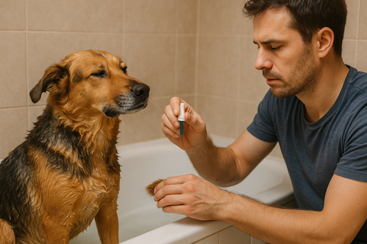chien se faisant traiter des puces par son maître dans une baignoire blanche 