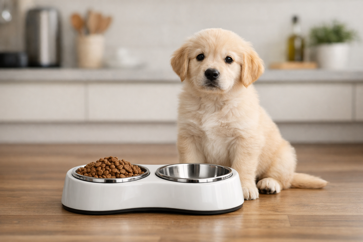 Petit chiot blanc devant une gamelle chiot blanche dans une cuisine claire Image