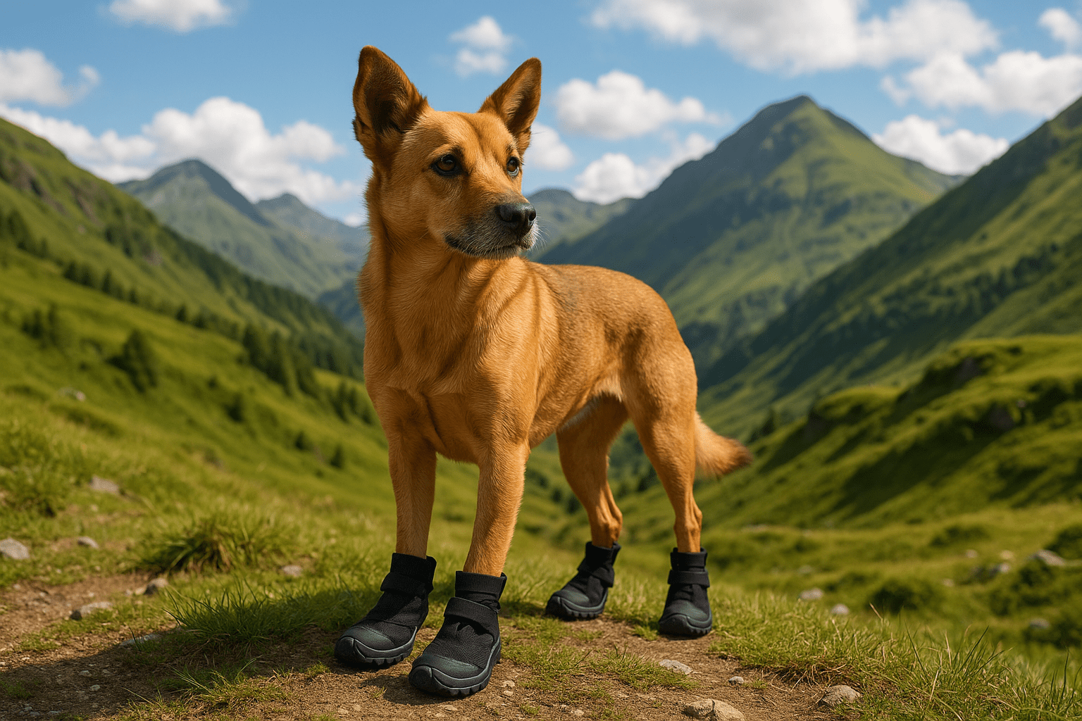 chien brun dans une montagne verte  Image