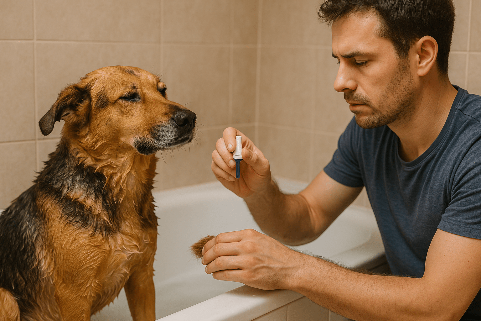 chien se faisant traiter des puces par son maître dans une baignoire blanche 