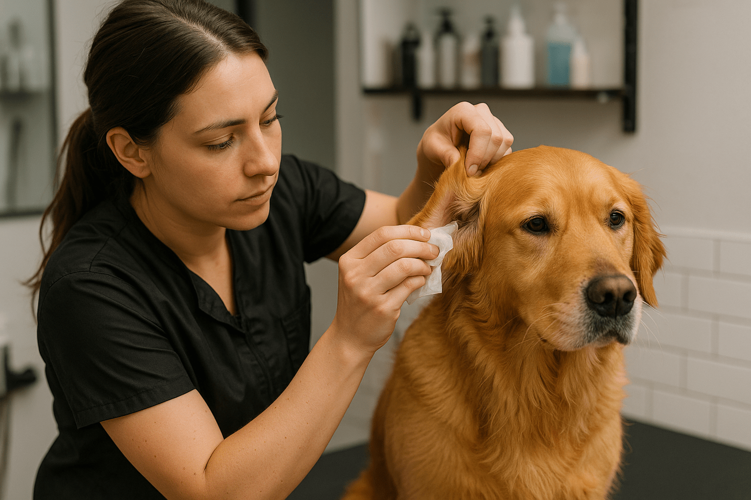 chien brun se faisant laver les oreiller par une femme dans un salon de toilettage Image
