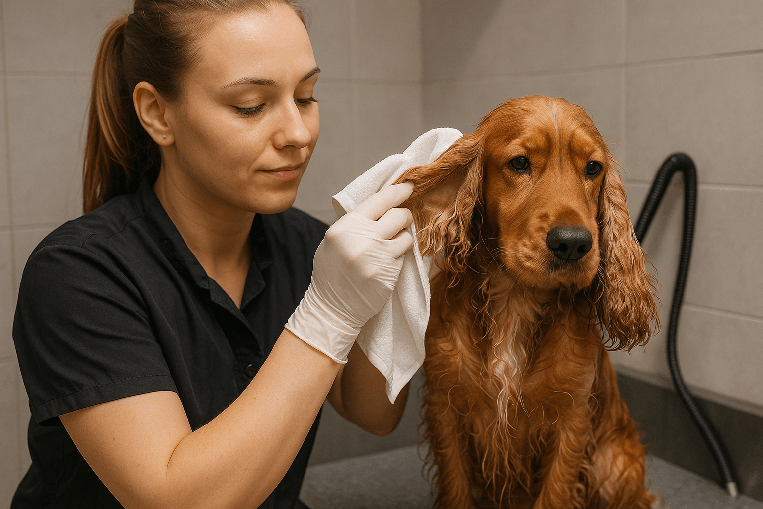 cocker roux se faisant nettoyer les oreilles par une vétérinaire  Image