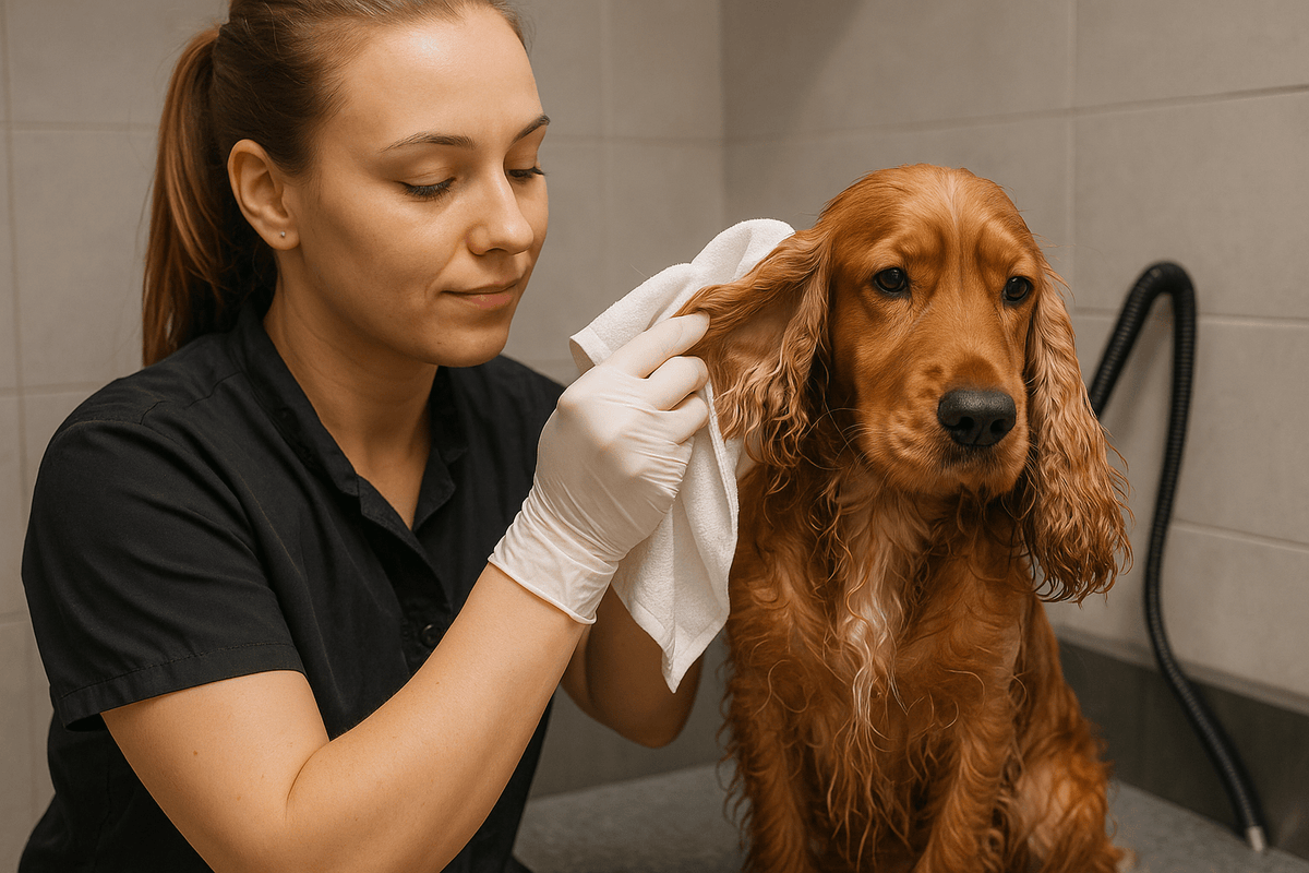 cocker roux se faisant nettoyer les oreilles par une vétérinaire  Image