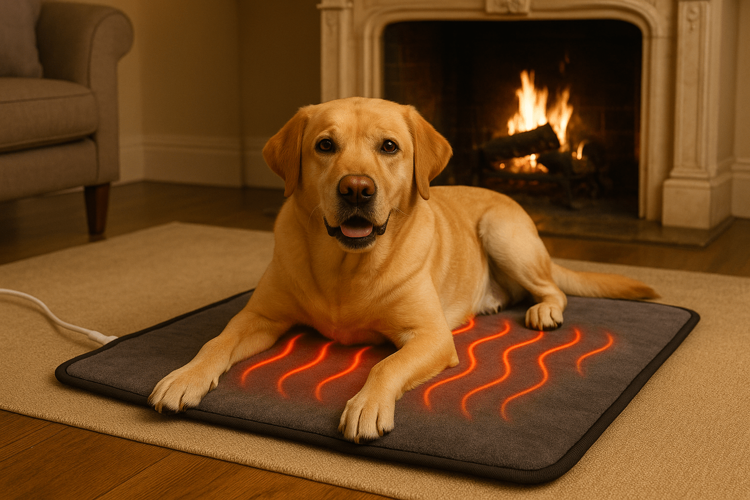 gros chien de couleur claire couché sur un tapis pour chien chauffant avec en fond une cheminé