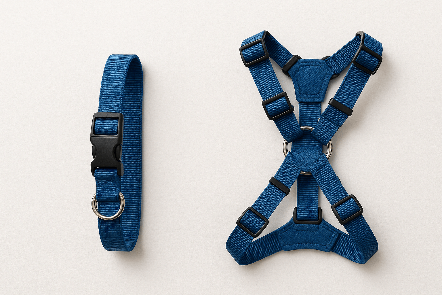 collier et harnais bleu mis en valeur sur un fond blanc Image
