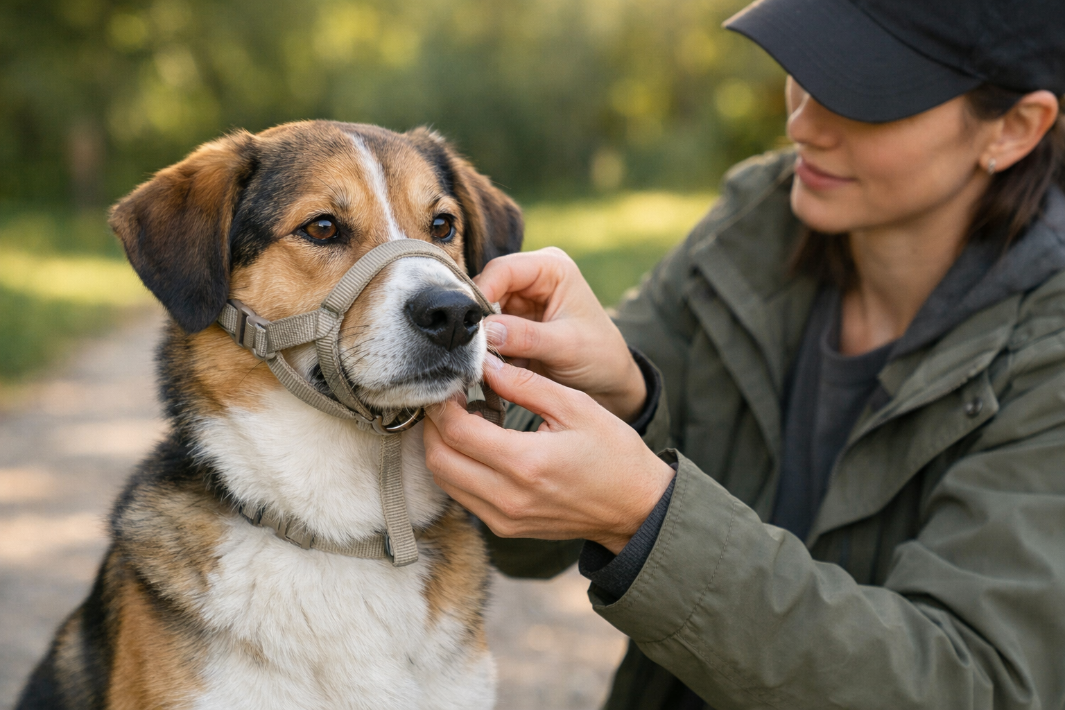 femme mettant un licol claire a un chien de couleur brun et blanc dans un parc vert Image