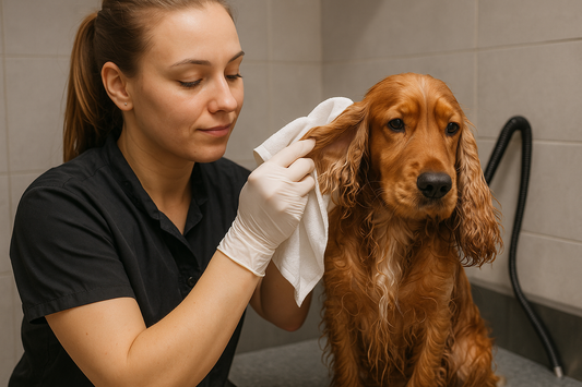 cocker roux se faisant nettoyer les oreilles par une vétérinaire 