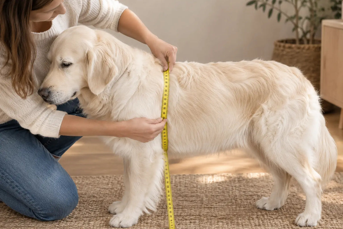 golden retriever de couleur blanc se faisant mesurer par sa maitresse avec l'aide d'un mètre ruban jaune dans un salon de couleur clair Image