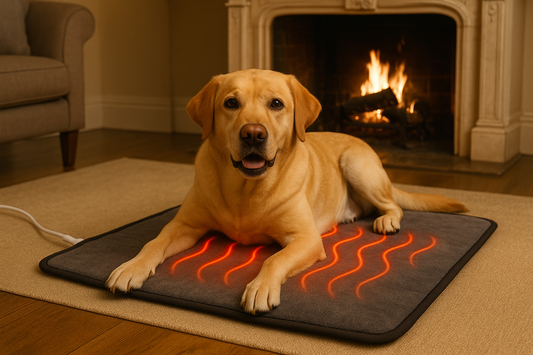 gros chien de couleur claire couché sur un tapis pour chien chauffant avec en fond une cheminé