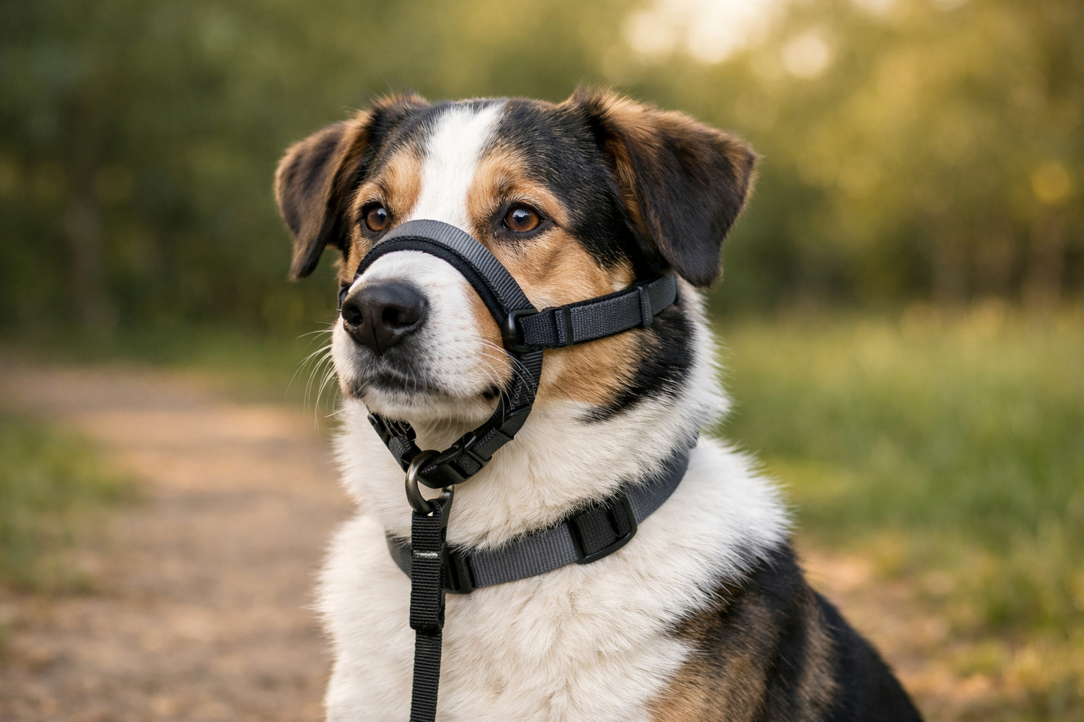 licol noir porté par un chien de couleur claire dans une forêt verte 