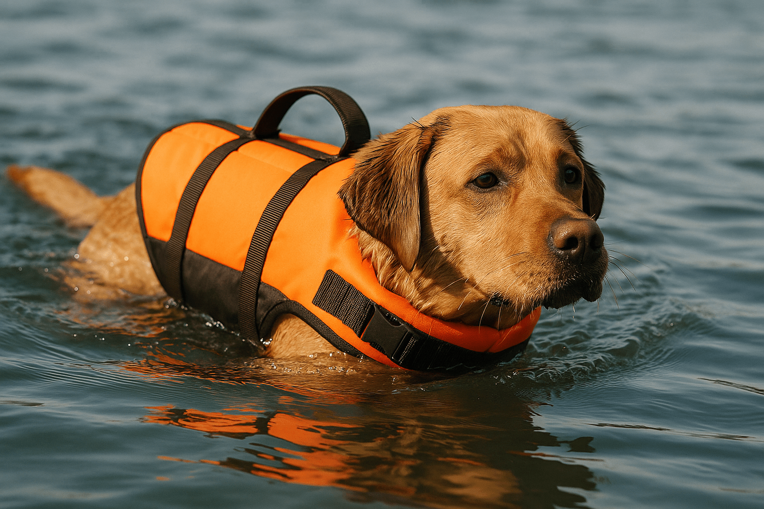 chien nageant dans l'eau avec un gilet de sauvetage orange  Image