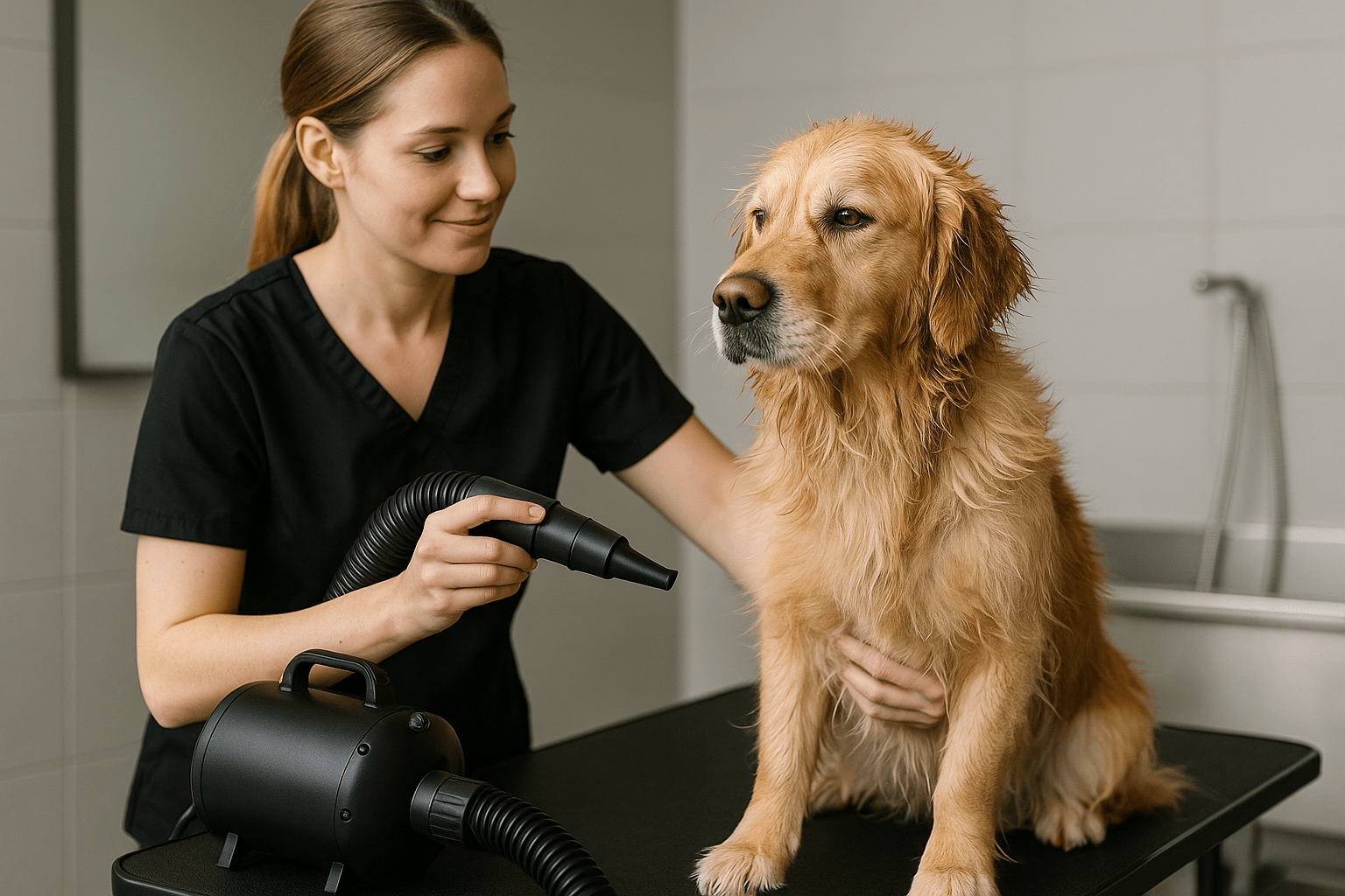 Chien se faisant sécher sur une table de toilettage dans une salle de bain Image