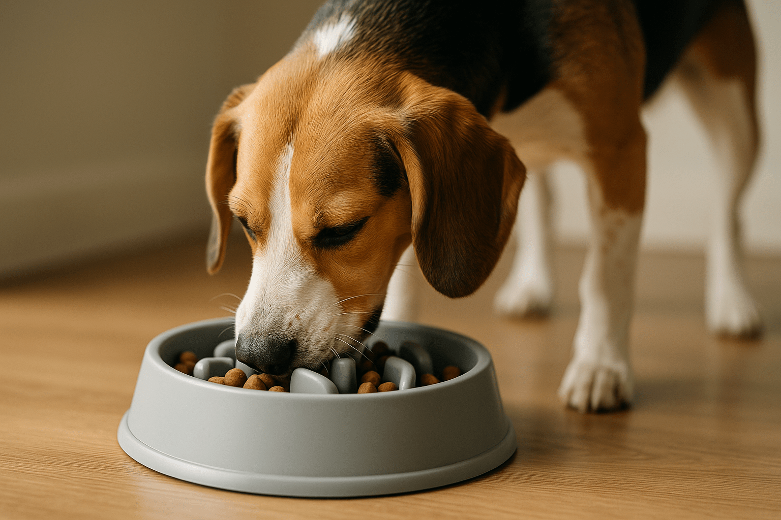 chien mangeant dans une gamelle anti-glouton pour chien grise 