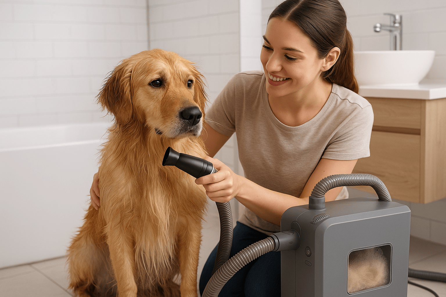 Chien brun se faisant aspirer les poils dans une salle de bain  Image