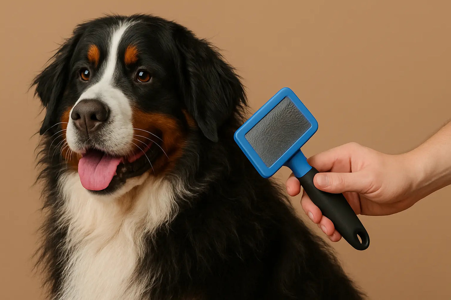 bouvier bernois assis dans un fond brun se faisant brosser par une personne avec une brosse bleu et noir avec une tête de brosse rectangulaire. Image collection brosse chien poil long de boutiquechien