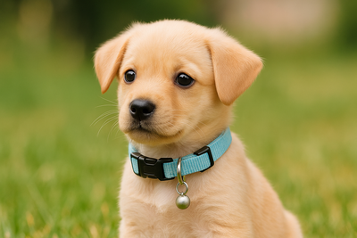 Chiot de couleurs beige, portant un collier pour chien bleu avec une clochette. Le Chien est assis dans l'herbe verte 