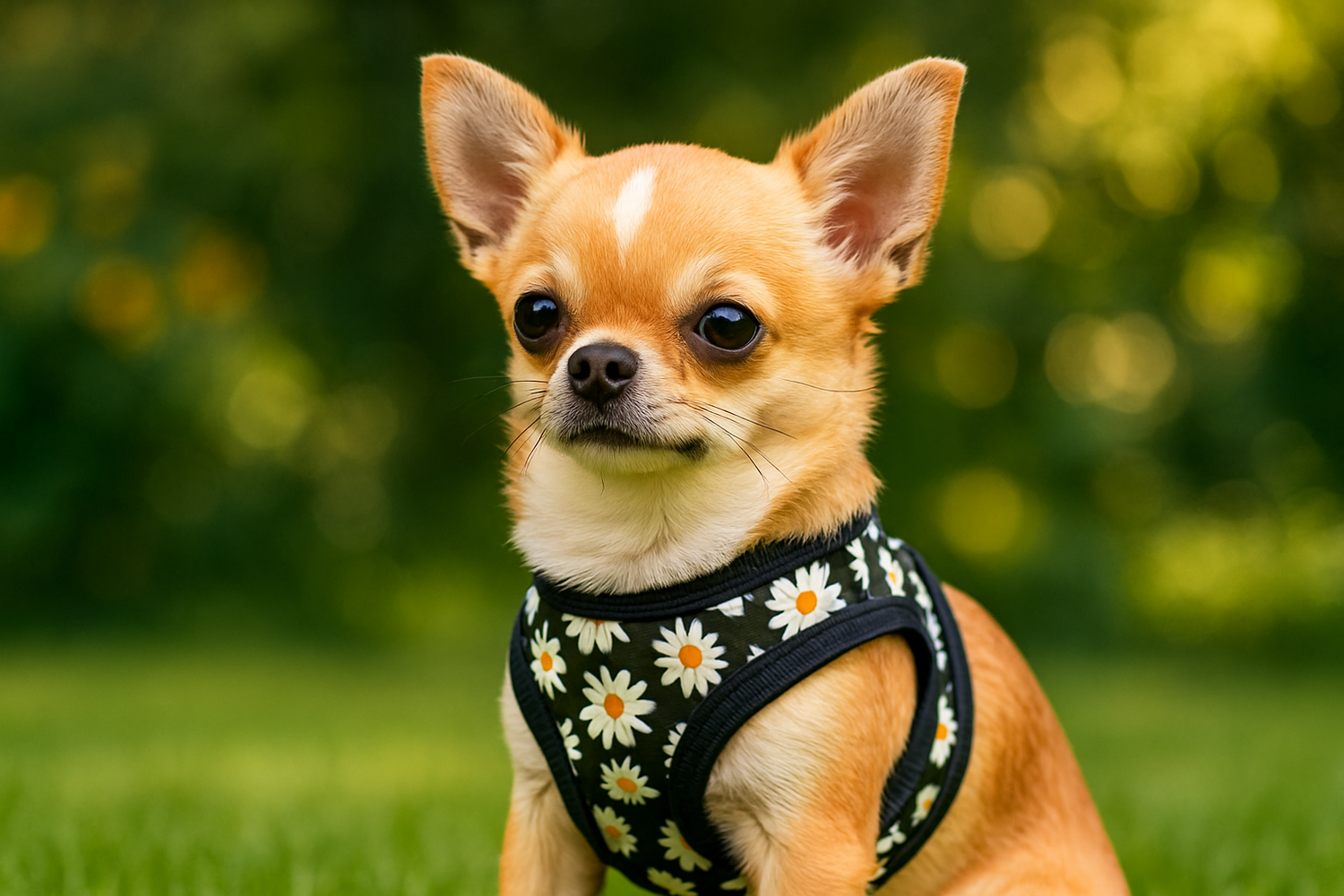Chihuahua assis sur une pelouse verte, portant un harnais noir à fleurs blanches, idéal pour illustrer une catégorie e-commerce spécialisée dans les harnais pour petits chiens.
