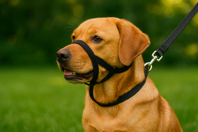 Labrador portant un licol noir sur une pelouse verdoyante, parfait pour illustrer la catégorie “licol chien” d’un site e-commerce spécialisé en accessoires pour chiens. pour boutiquechien