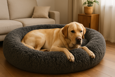chien couché son gros panier xxl fluffy pour chien de couleur noir. Le chien est dans un salon avec un grand canapé de couleurs clair et une commode avec une plante verte. Image pour collection panier xxl pour chien de boutiquechien