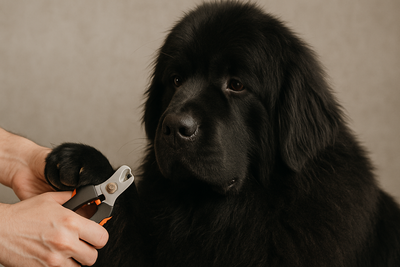 terre neuve se faisant couper les ongles avec un coupe ongle orange est noir. Le terre neuve noir est assis et donne la patte à son maître. Image collection coupe- ongles pour chien sur boutiquechien