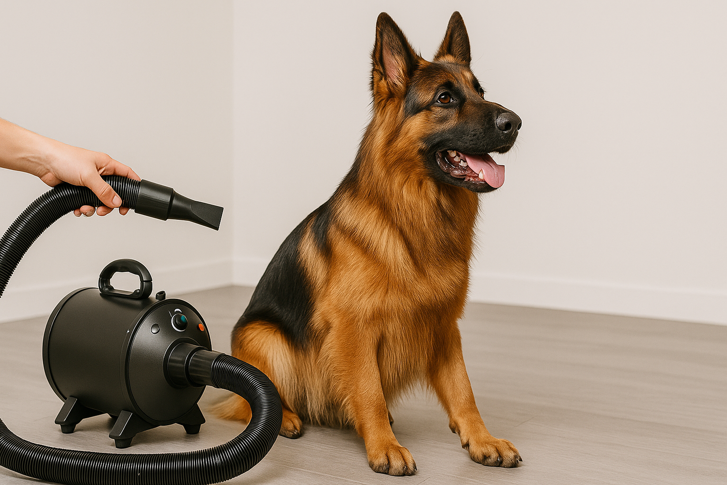 berger allemand assis dans une salle blanche à côté d'un pulseur pour chien noir. Image collection pulseur chien professionnel de boutiquechien