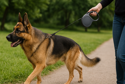 berger allemand se faisant promener dans un parc avec une laisse enrouleur pour gros chein. Sa maîtresse habillée en bleu et noir tient une laisse noir pour gros chien. Image collection laisse enrouleur gros chien de boutiquechien
