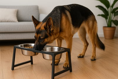 berger allemand mangeant dans sa gamelle en hauteur noir et inox. image collection gamelle en hauteur pour chien de boutiquechien
