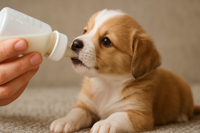 petit chiot blanc et roux qui bois dans un biberon blanc pour chiot. Il est couché sur un petit tapis pour chiot. Image collection pour biberon chiot de boutiquechien