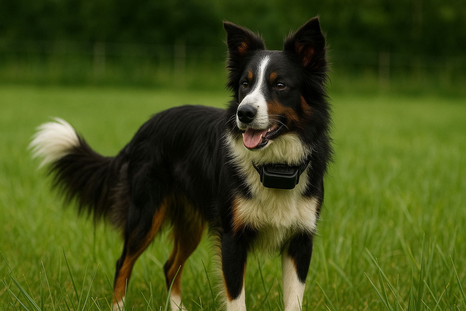 broder collie dans un champ d'herbe verte. Il porte un collier anti-fugue de couleurs noir. image pour collection collier anti-fugue chien pour boutiquechien