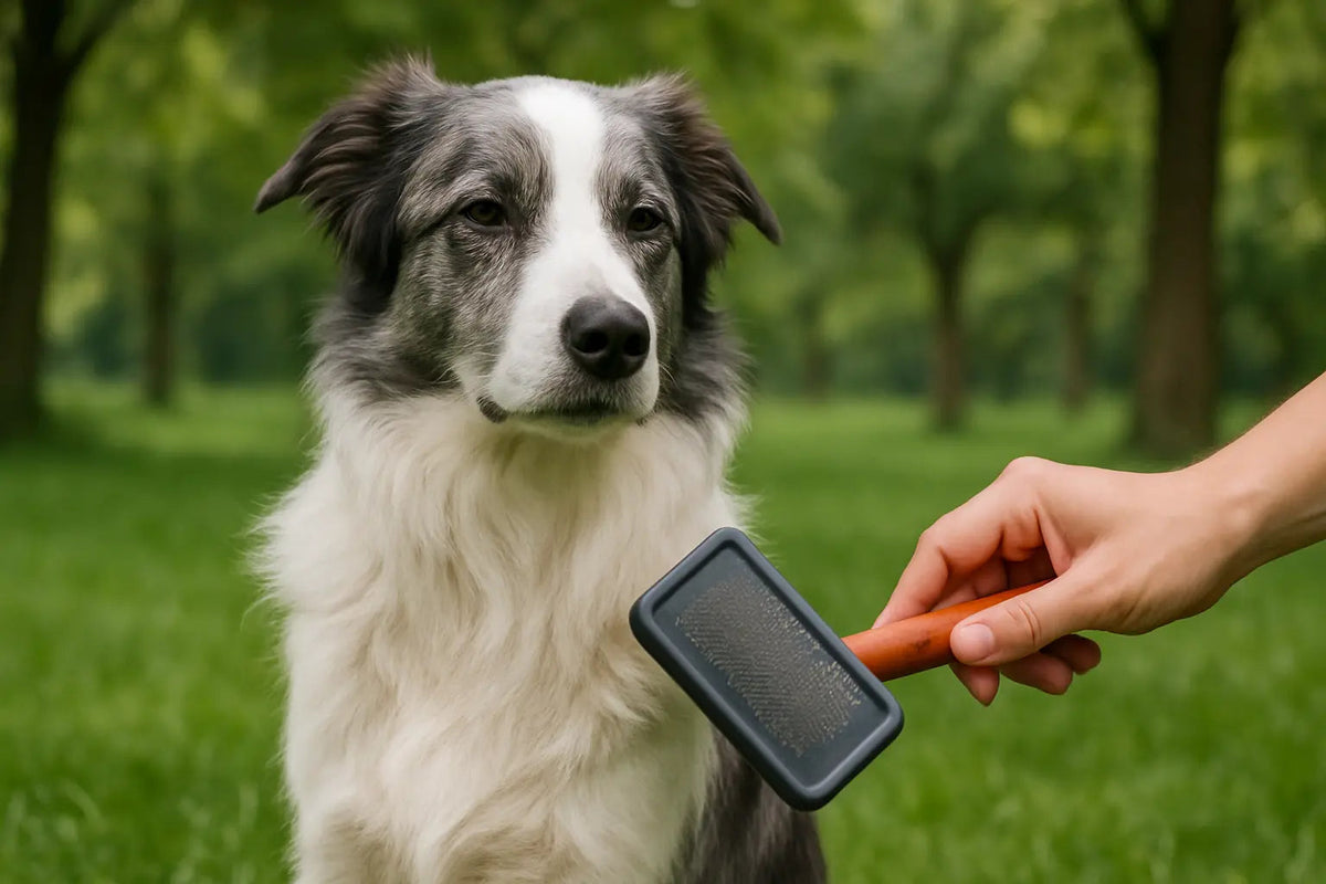 chien se faisant brosser dans un bois vert par un brosse noir. le chien est assis et il est de couleurs blanche grise et brun. Image collection brosse chien de boutiquechien