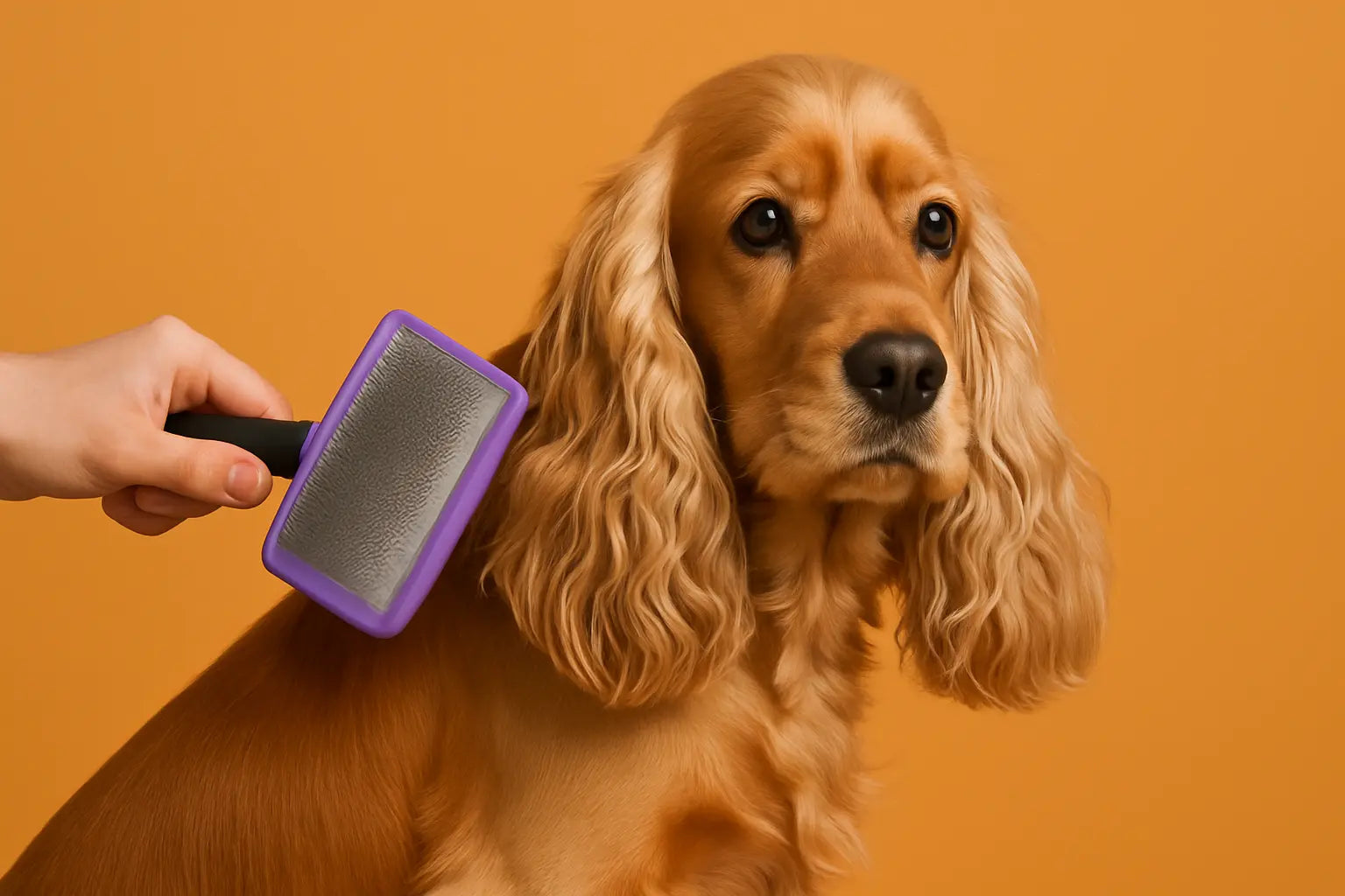 cockers roux assis se faisant brosser par une brosse double côté violette et noir pour cocker. image collection brosse cocker de boutiquechien  Image