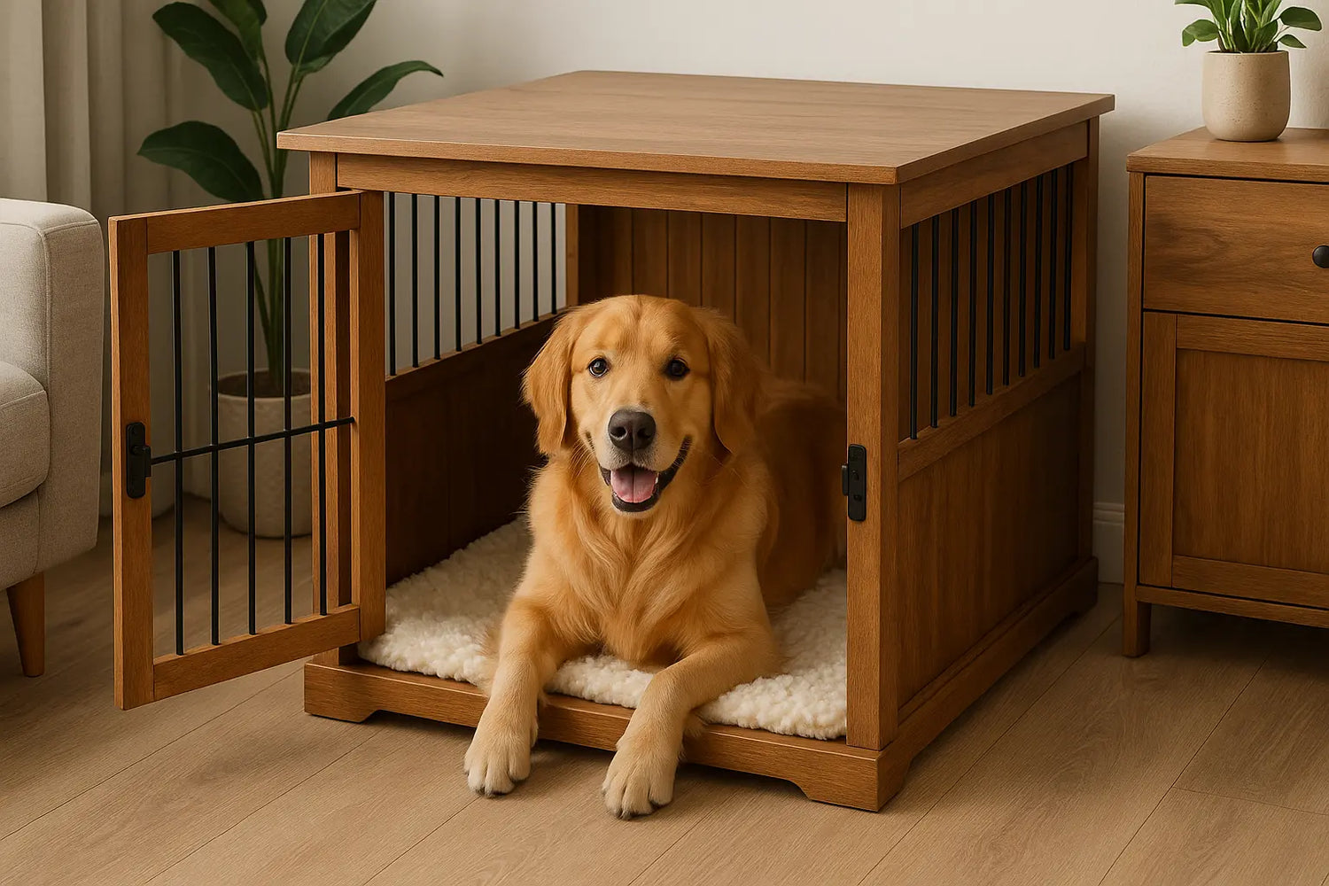 chien roux dans une cage en bois design pour chien dans un salon en bois. Le chien est couché dans sa cage et l'image sert pour la boutique en ligne boutique chien 