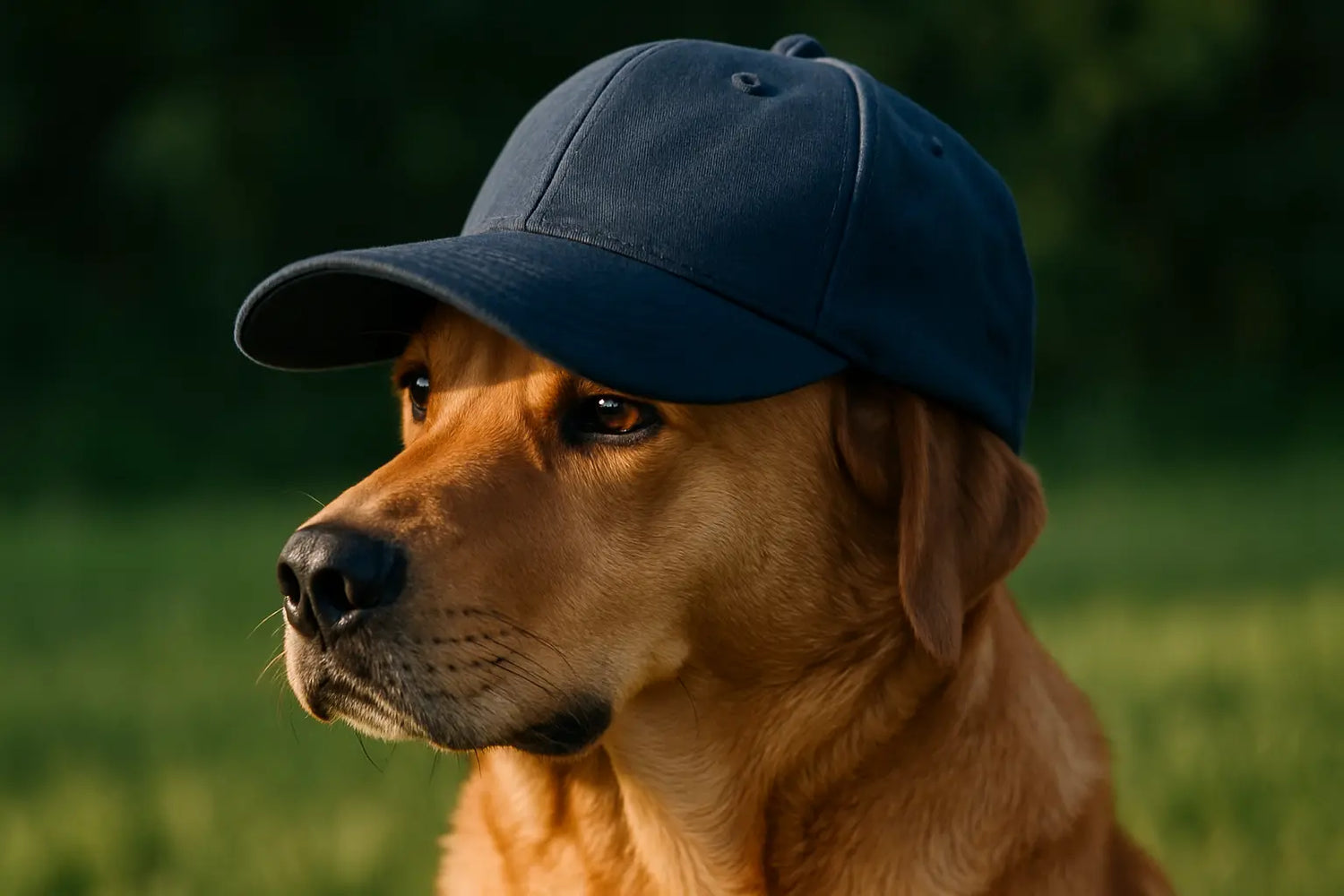 chien assis qui porte une casquette. Le Chien est brun et porte une casquette bleu dans l'herbe. L'image sert pour la collection casquette chien de boutique en ligne boutiquechien