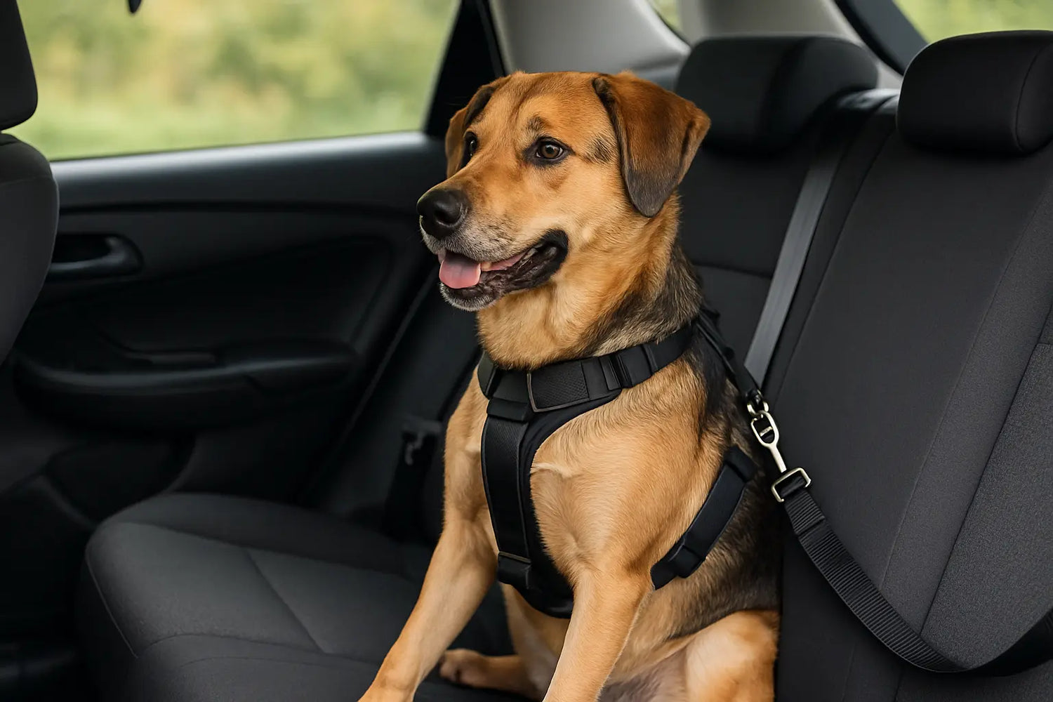 chien assis à l'arrière d'une voiture attaché par une ceinture noir de sécurité pour chien. Le chien porte un harnais noir et le chien est de couleur brun. L'image sert pour la collection ceinture de sécurité chien pour boutiquechien