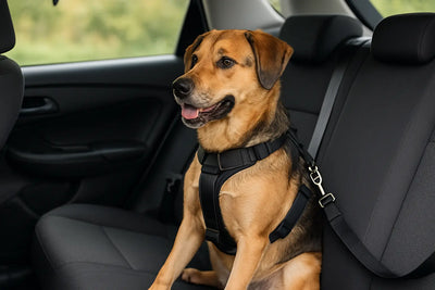 chien assis à l'arrière d'une voiture attaché par une ceinture noir de sécurité pour chien. Le chien porte un harnais noir et le chien est de couleur brun. L'image sert pour la collection ceinture de sécurité chien pour boutiquechien