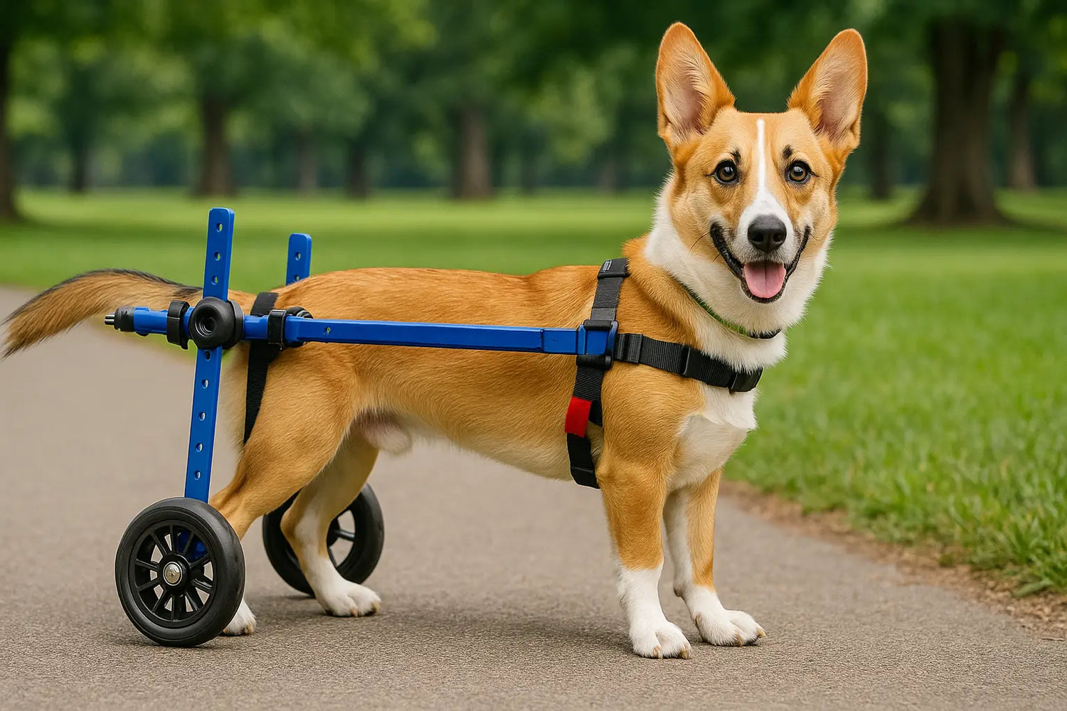 chien handicapé utilisant un chariot pour chien pour soulager les pattes arrières du chien. Le chien est dans un parc sur le chemin. L'image sert pour la boutique en ligne boutiquechien