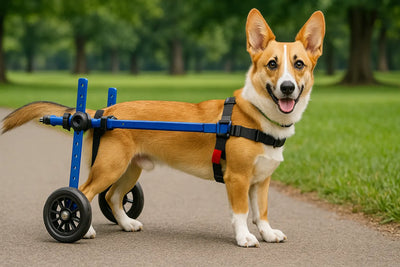 chien handicapé utilisant un chariot pour chien pour soulager les pattes arrières du chien. Le chien est dans un parc sur le chemin. L'image sert pour la boutique en ligne boutiquechien