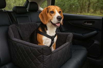 petit chien de couleurs brun, noir et blanc assis dans son panier de voiture noir à l'arrière sur le siège arrière noir. image collection panier chien voiture de boutiquechien