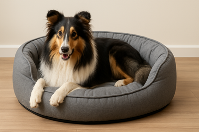 chien à poil long de couleur noir, blanc et brun couché dans son panier déhoussable moelleux. Le panier déhoussable et gris et rembourré. Image collection panier déhoussable pour chien pour boutiquechien