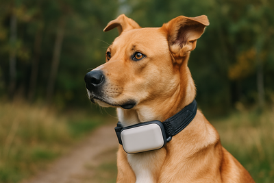 chien assis dans un chemin de forêt. le chien est en premier plan avec son boîtier gps blanc au tour du collier pour chien qui est noir. Image collection collier gps chien sans abonnement pour boutiquechien