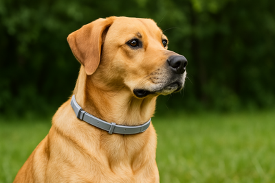 chien assis dans son jardin vert avec un collier anti-tique gris pour chien. Image pour collection collier anti-puces chien pour boutiquechien